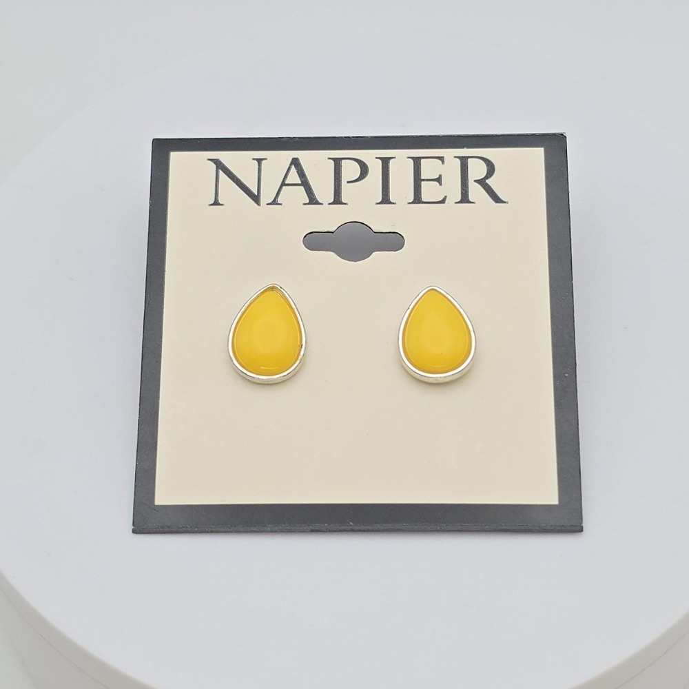 NAPIER Teardrop Earrings Signed Yellow Lucite Silver Tone On Card Post 1"